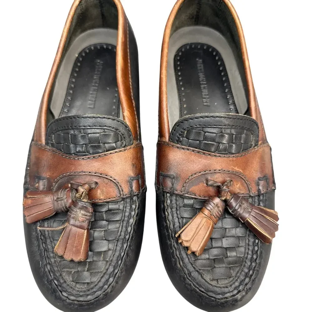 Johnston & Murphy Hayes Black Brown Leather Woven Tassel Slip-On Loafers Men 8